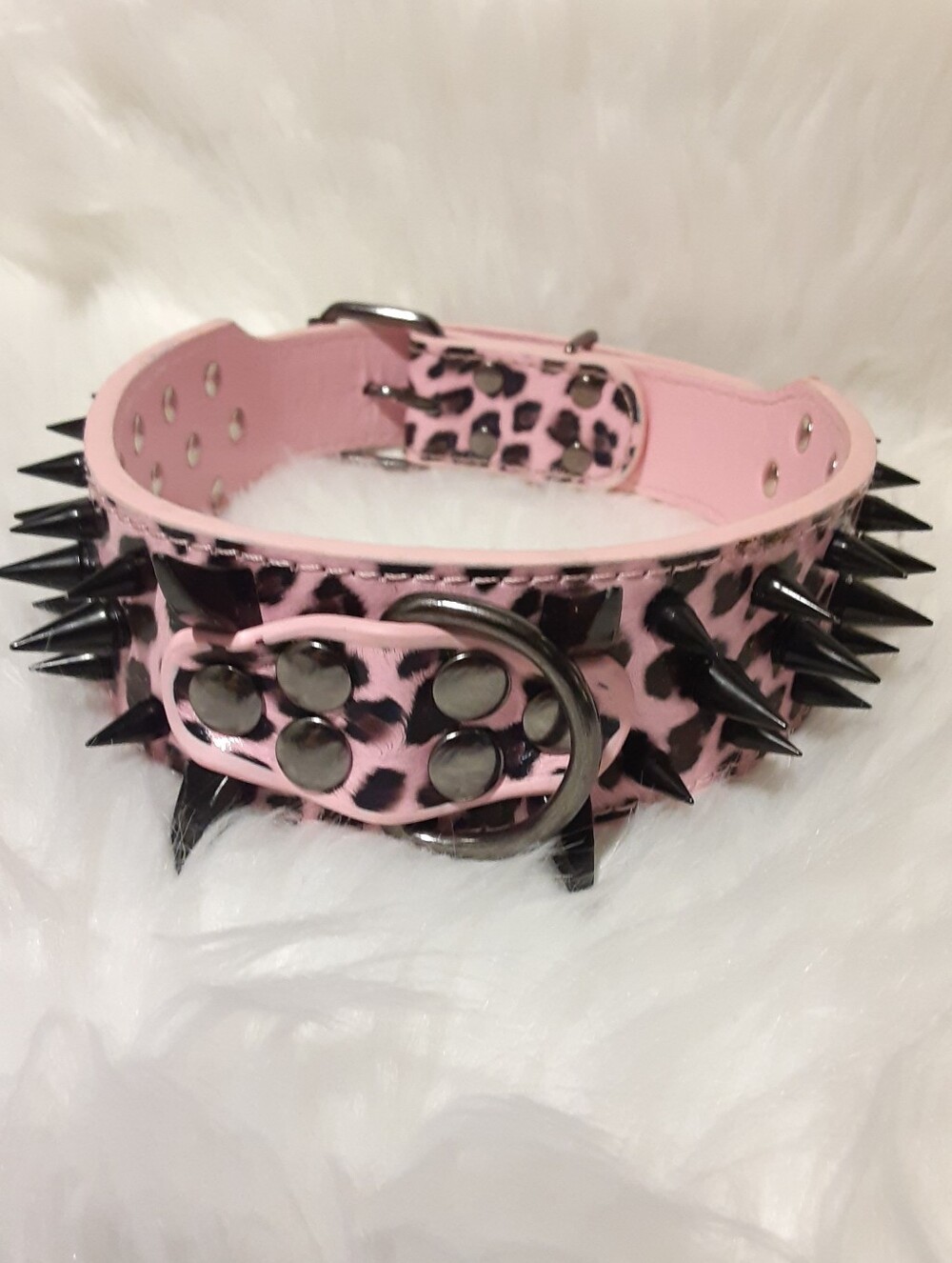 Pink Leopard Black Studded Spiked Dog Collar Protection Safety